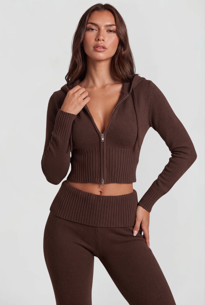 BLAIRE | CROPPED HOODIE FLARE PANTS SET - Brown
