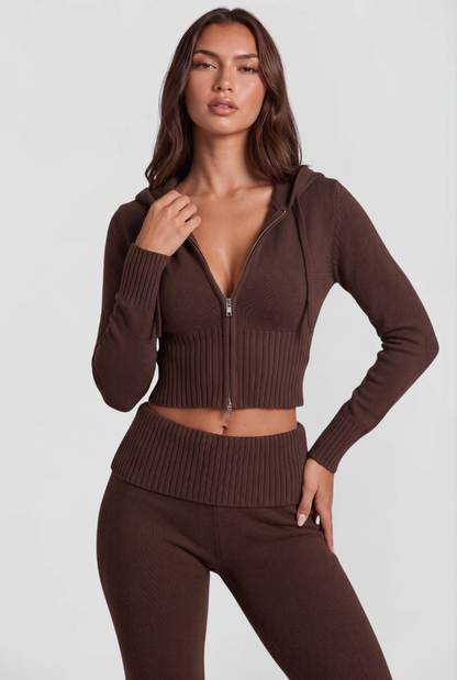 BLAIRE | CROPPED HOODIE FLARE PANTS SET - Brown