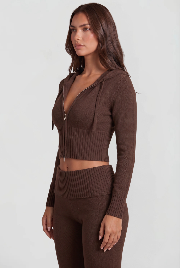 BLAIRE | CROPPED HOODIE FLARE PANTS SET - Brown