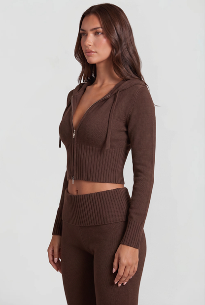 BLAIRE | CROPPED HOODIE FLARE PANTS SET - Brown