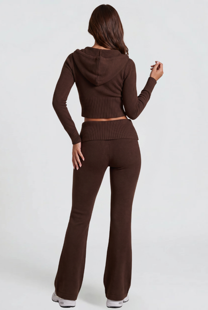 BLAIRE | CROPPED HOODIE FLARE PANTS SET - Brown