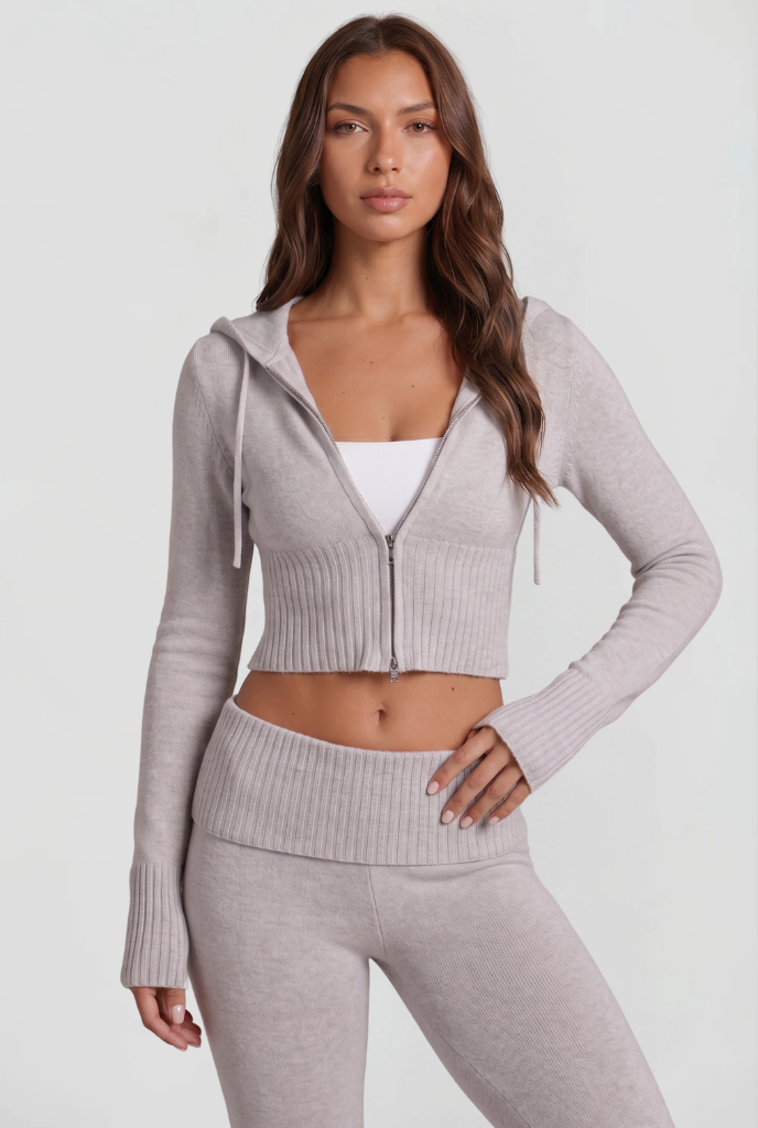 BLAIRE | CROPPED HOODIE FLARE PANTS SET - Light Gray