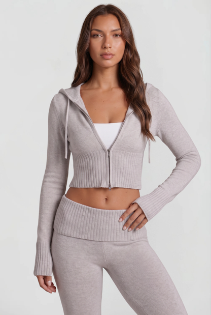 BLAIRE | CROPPED HOODIE FLARE PANTS SET - Light Gray