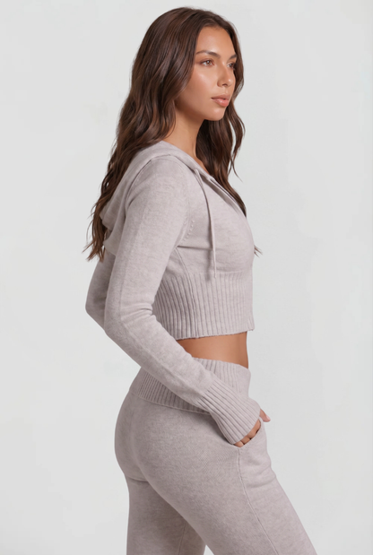 BLAIRE | CROPPED HOODIE FLARE PANTS SET - Light Gray