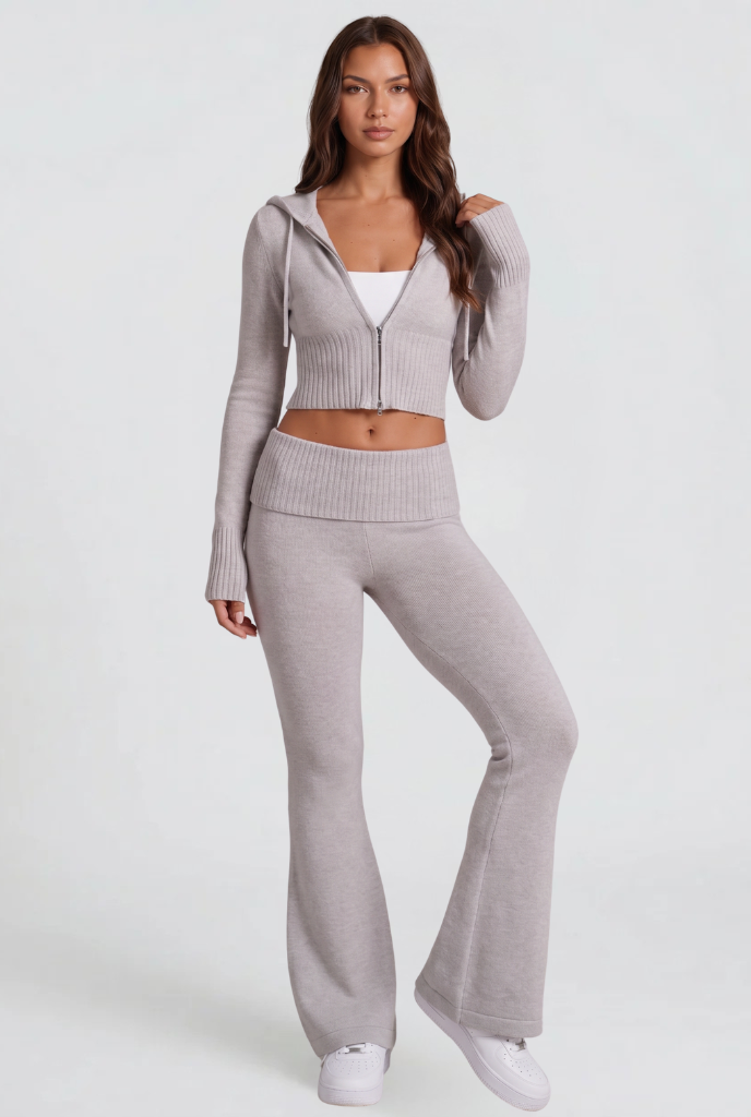 BLAIRE | CROPPED HOODIE FLARE PANTS SET - Light Gray