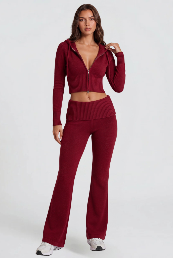 BLAIRE | CROPPED HOODIE FLARE PANTS SET - Red