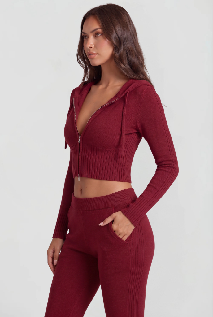 BLAIRE | CROPPED HOODIE FLARE PANTS SET - Red