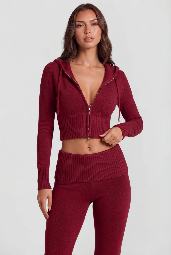 BLAIRE | CROPPED HOODIE FLARE PANTS SET - Red