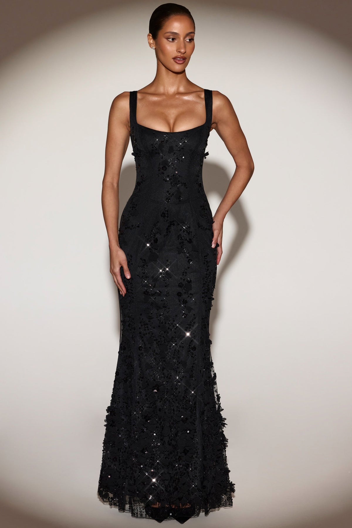 BLOSSOM | APPLIQUE CORSET GOWN - Black