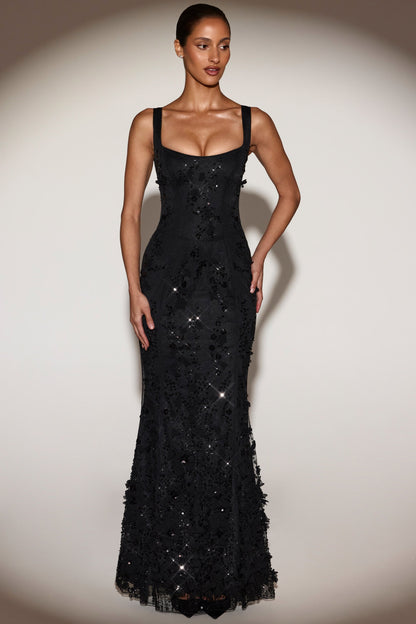 BLOSSOM | APPLIQUE CORSET GOWN - Black
