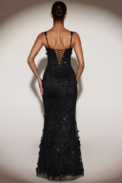 BLOSSOM | APPLIQUE CORSET GOWN - Black