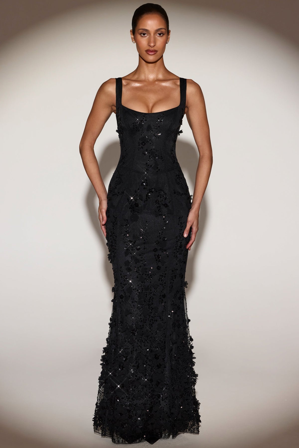 BLOSSOM | APPLIQUE CORSET GOWN - Black