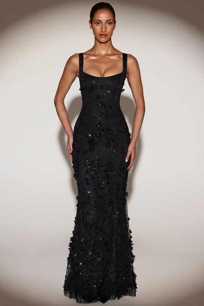 BLOSSOM | APPLIQUE CORSET GOWN - Black