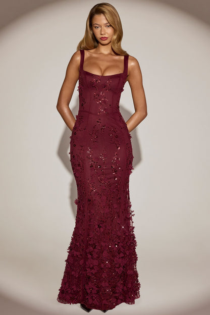 BLOSSOM | APPLIQUE CORSET GOWN - Burgundy