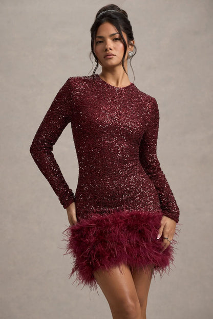 Burgundy sequin mini dress with long sleeves and wine feather hem