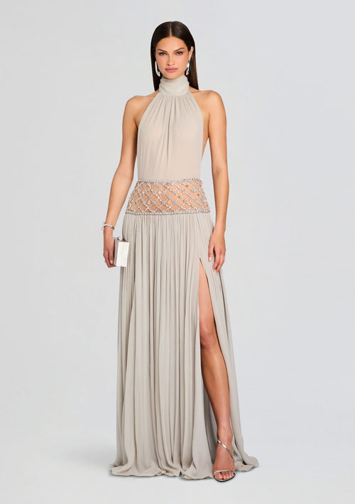 BRAELYN | HALTER BEADED GOWN - Champagne
