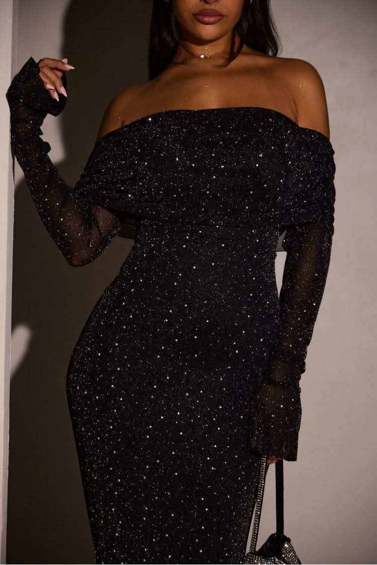 Black glitter maxi dress with sheer long sleeves and off-shoulder design
