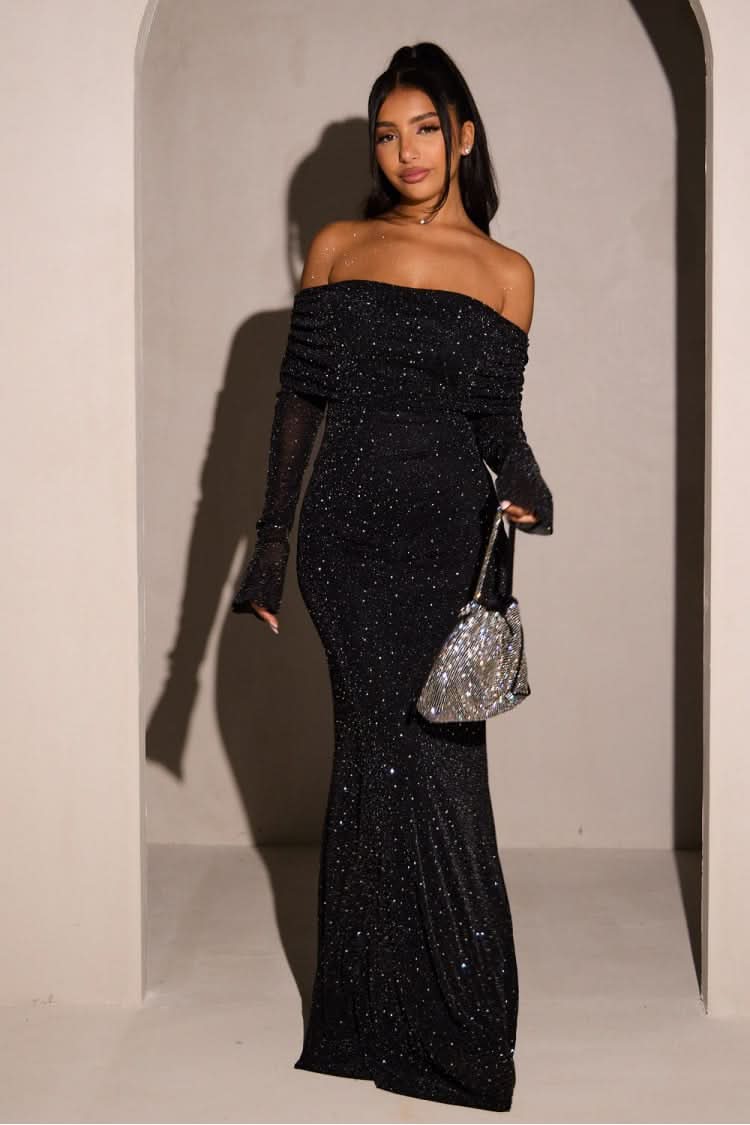 Black sparkle off-shoulder maxi dress with long sleeves and ruched neckline