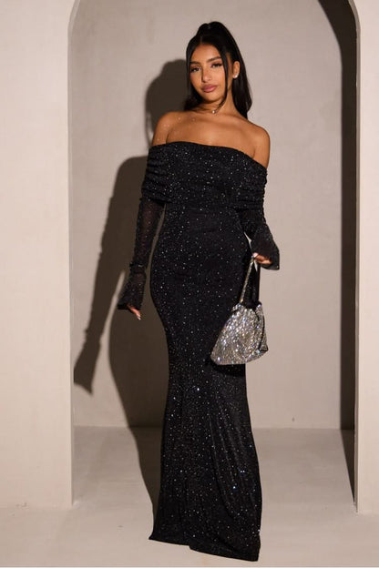 Black sparkle off-shoulder maxi dress with long sleeves and ruched neckline