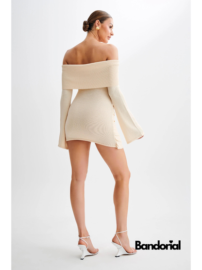 Back view of cream off-shoulder mini dress with flared sleeves