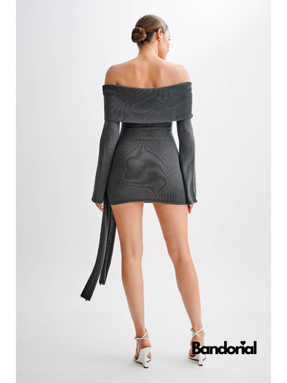 Charcoal gray ribbed off-shoulder mini dress with long sleeves and wrap detail
