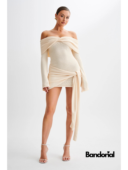 Cream ribbed off-shoulder mini dress with long sleeves and wrap tie detail