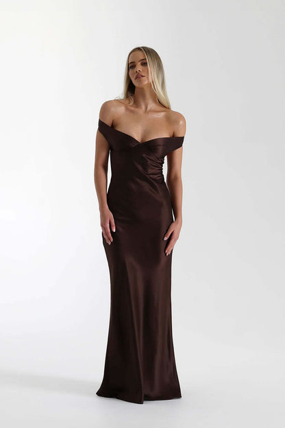 Chocolate brown satin off-shoulder maxi dress with fitted silhouette