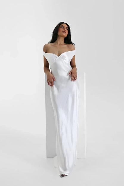 White satin off-shoulder maxi dress with draped neckline detail
