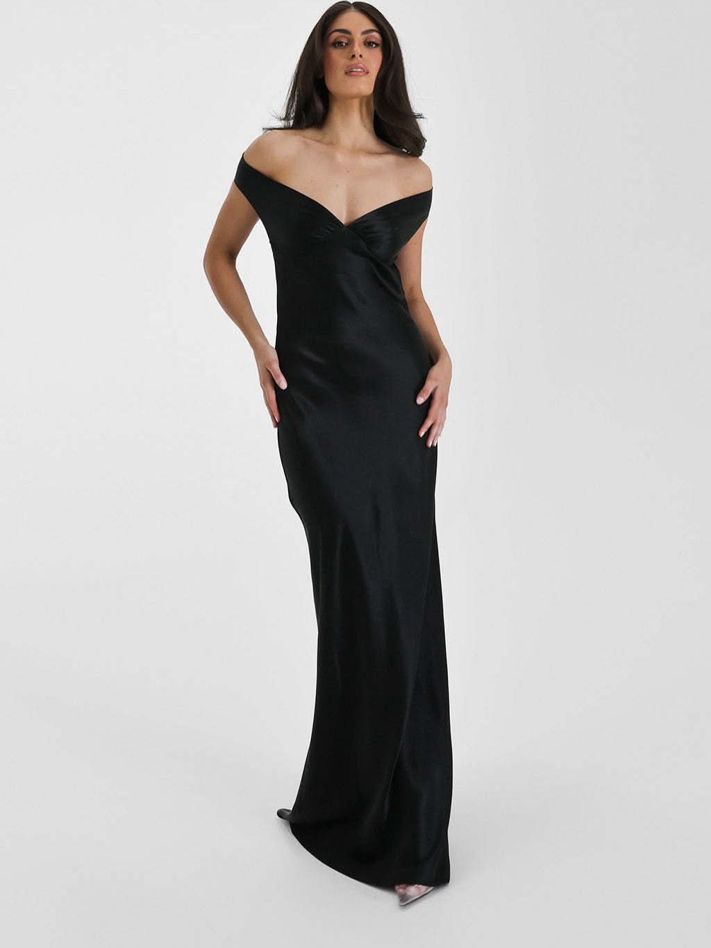 Black satin off-shoulder maxi gown with draped bodice