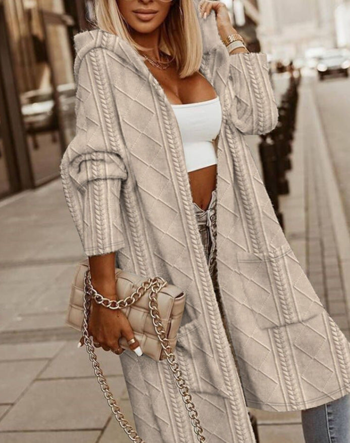 BRIONY | TEXTURED HOODED LONGLINE CARDIGAN - Beige