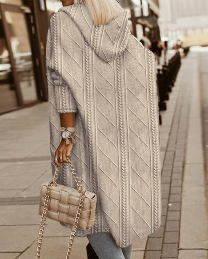 BRIONY | TEXTURED HOODED LONGLINE CARDIGAN - Beige