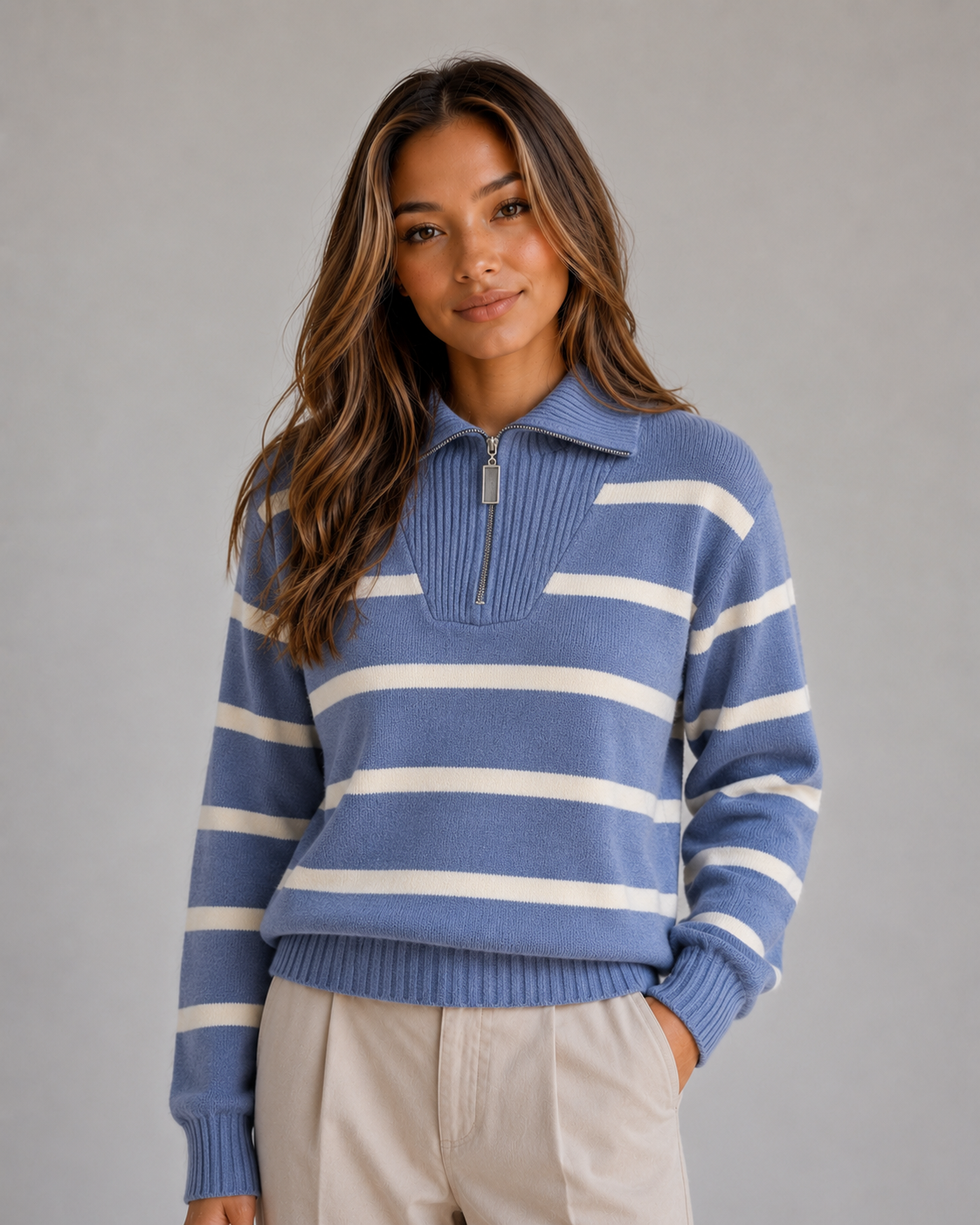 CALANTHA | STRIPED HALF-ZIP SWEATER - Blue Stripe