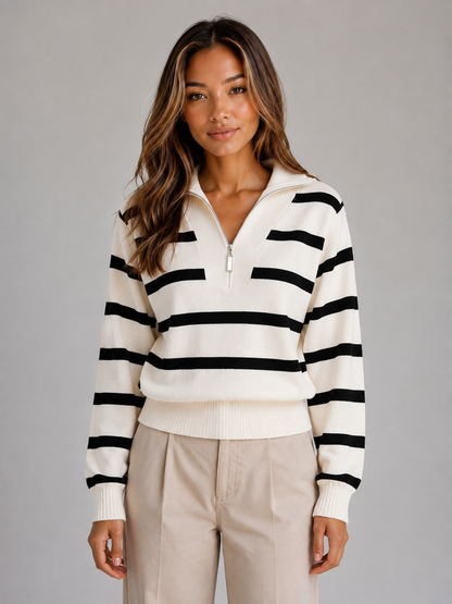 CALANTHA | STRIPED HALF-ZIP SWEATER - Cream Stripe