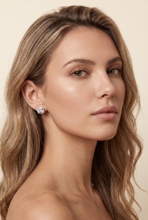 CALISTA | SQUARE CRYSTAL STUD EARRINGS - Silver