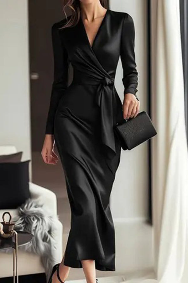 CALYSSA | TIE WAIST SATIN MIDI DRESS - Black