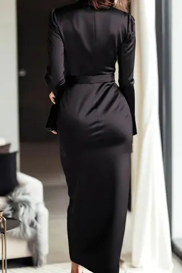 CALYSSA | TIE WAIST SATIN MIDI DRESS - Black