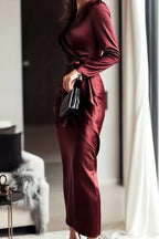 CALYSSA | TIE WAIST SATIN MIDI DRESS - Burgundy