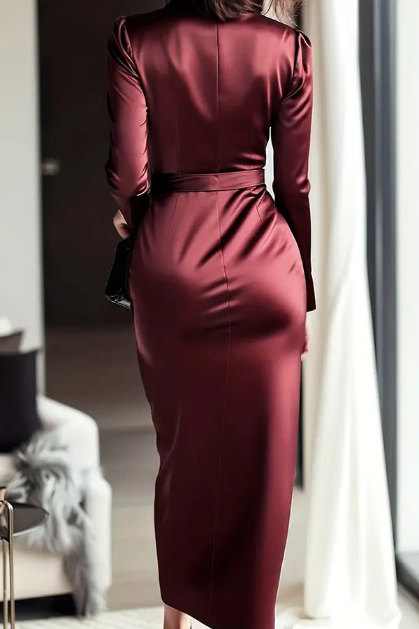 CALYSSA | TIE WAIST SATIN MIDI DRESS - Burgundy