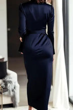 CALYSSA | TIE WAIST SATIN MIDI DRESS - Navy Blue