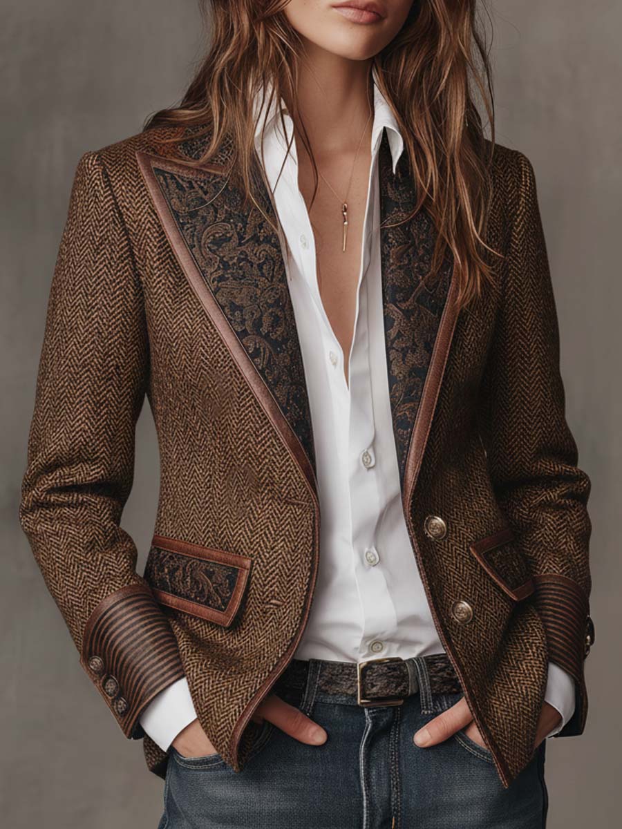 CAMELLIA | HERRINGBONE PANEL BLAZER - Brown