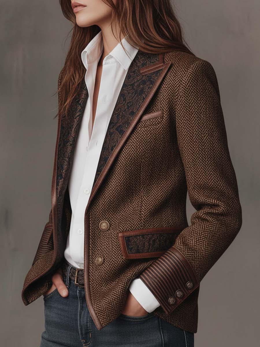CAMELLIA | HERRINGBONE PANEL BLAZER - Brown