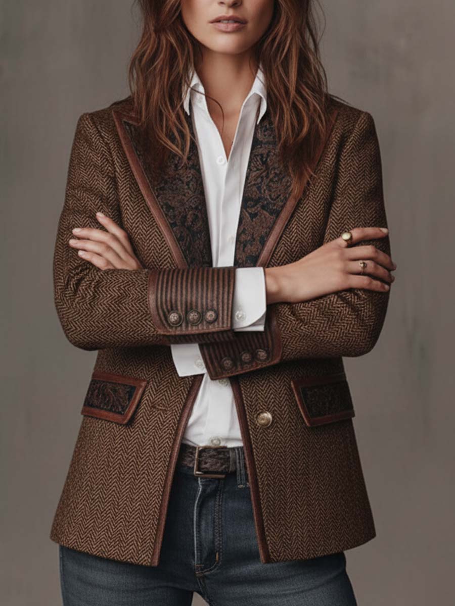 CAMELLIA | HERRINGBONE PANEL BLAZER - Brown