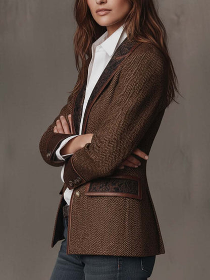 CAMELLIA | HERRINGBONE PANEL BLAZER - Brown