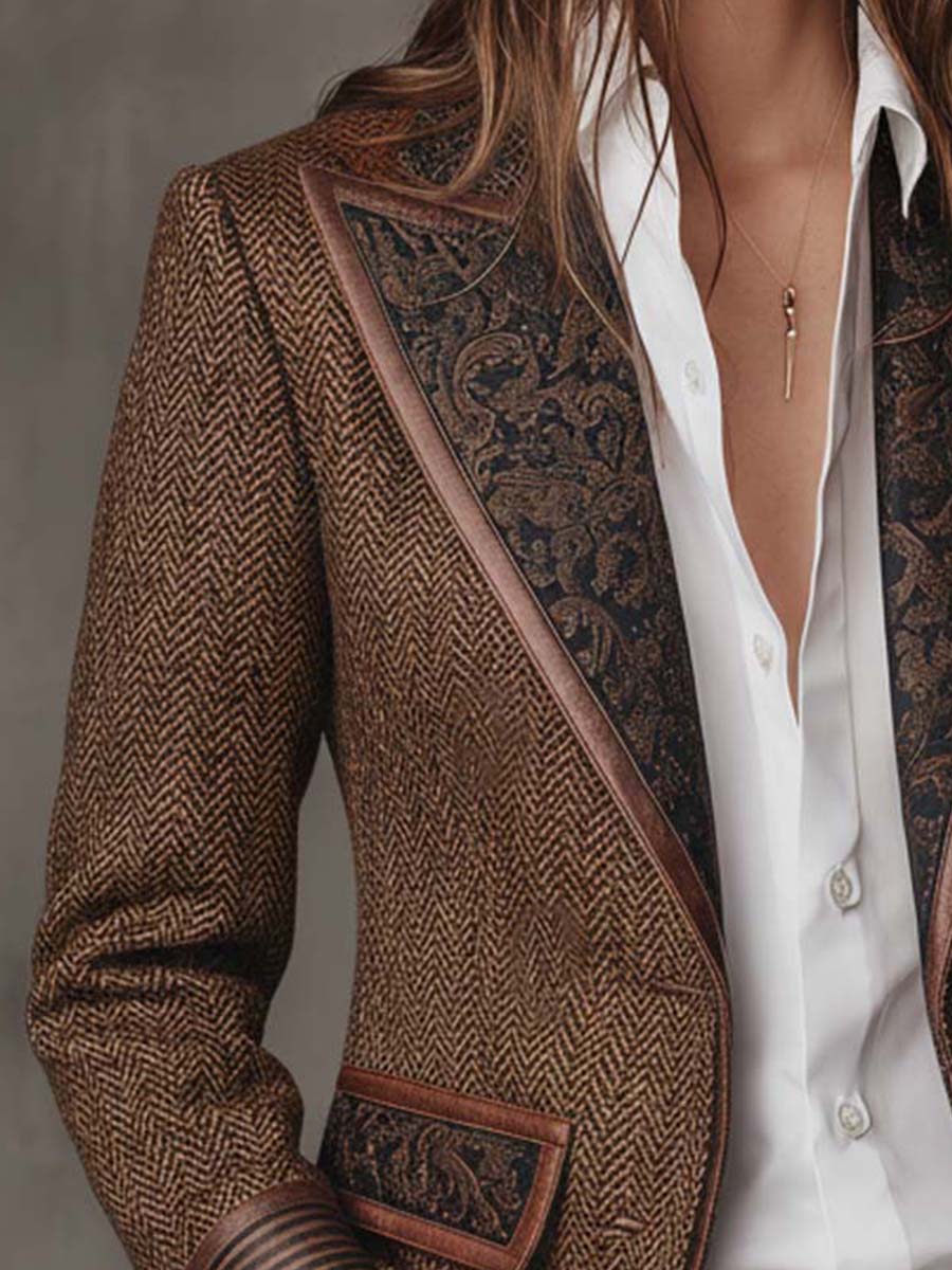 CAMELLIA | HERRINGBONE PANEL BLAZER - Brown
