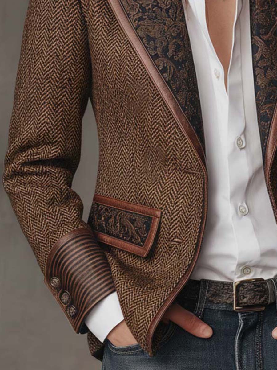 CAMELLIA | HERRINGBONE PANEL BLAZER - Brown
