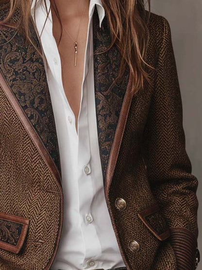 CAMELLIA | HERRINGBONE PANEL BLAZER - Brown