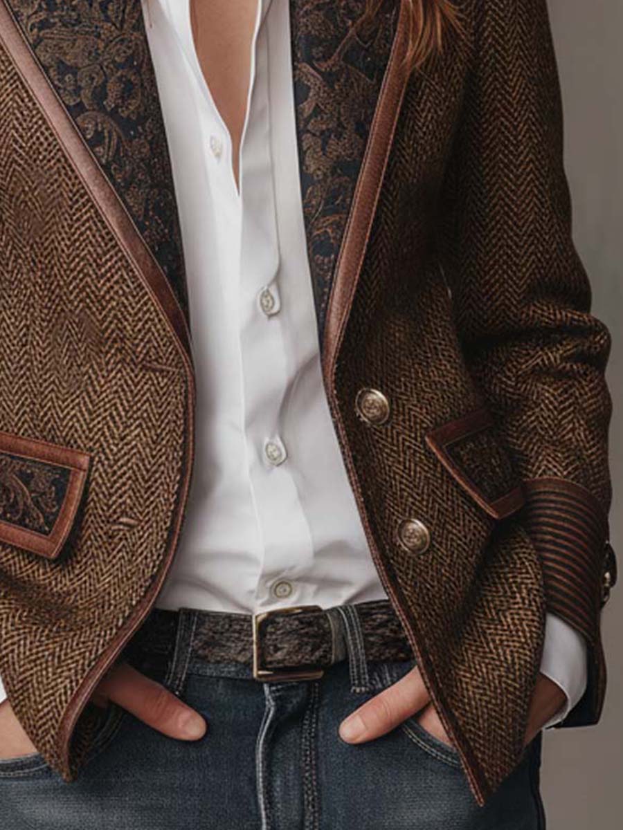 CAMELLIA | HERRINGBONE PANEL BLAZER - Brown
