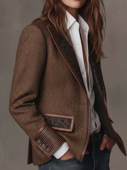 CAMELLIA | HERRINGBONE PANEL BLAZER - Brown