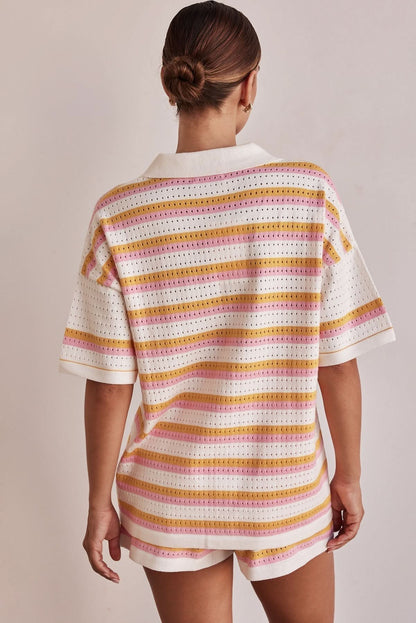 Back view of women's striped knit set showing button-front collared top and shorts