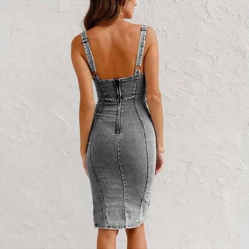 Back view of charcoal gray denim midi dress with adjustable straps